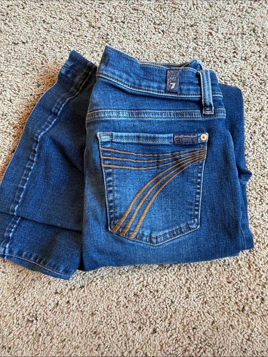 7 For All Mankind Denim - 7 For All Mankind Women’s Medium Blue Straight Leg Jeans with Gold Stitching